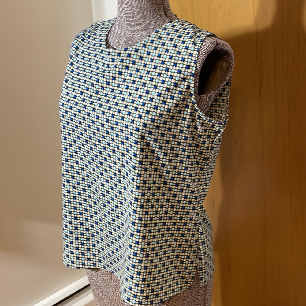 Notations Womens Large Sleeveless Blouse Geometric Pattern Blue Tan Yellow